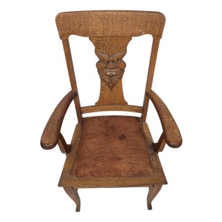 Antique Gothic Revival Oak Armchair With Hand-Carved Devil Mask Back For Sale