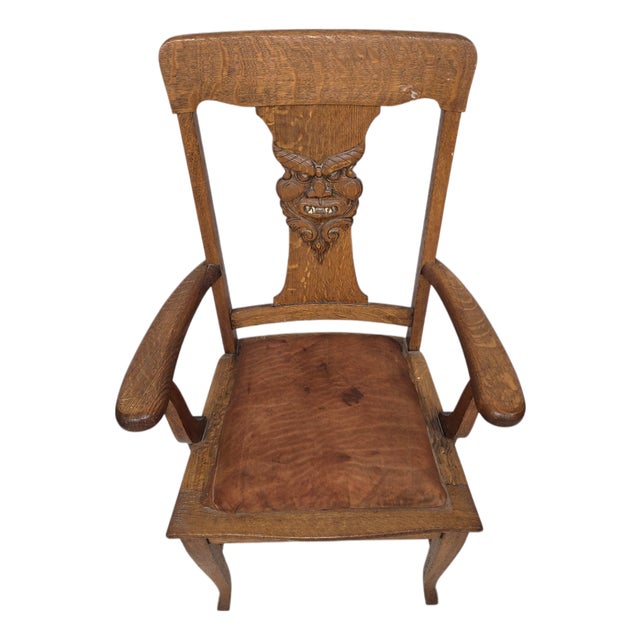 Antique Gothic Revival Oak Armchair With Hand-Carved Devil Mask Back For Sale