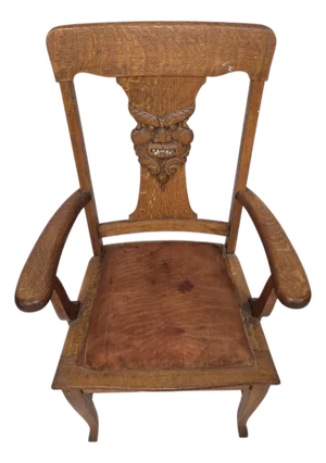 Antique Gothic Revival Oak Armchair With Hand-Carved Devil Mask Back
