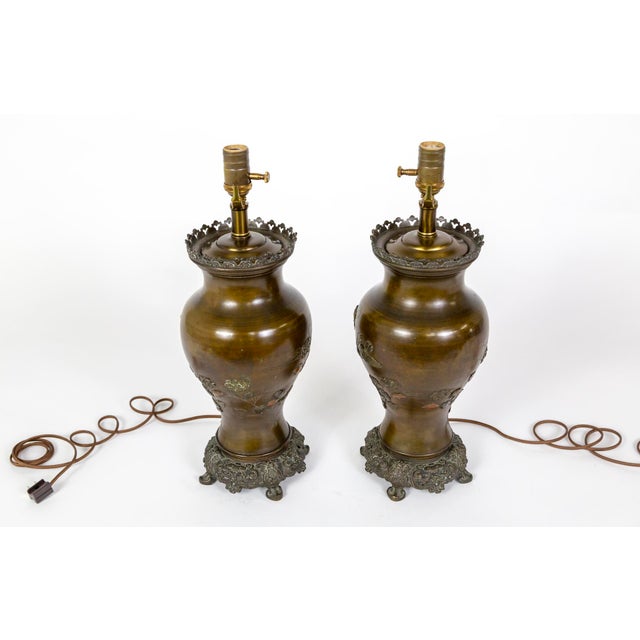 Late 19th Century Meiji Japanese Cast Bronze Relief Chrysanthemum & Birds Lamps - a Pair For Sale - Image 4 of 13
