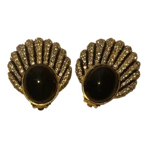 Vintage Black/Cz Shell Shape Clip Earings - 2 Pieces