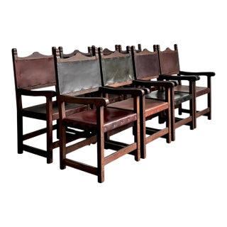 Vintage Spanish Leather and Wood Armchairs - Set of 6 For Sale
