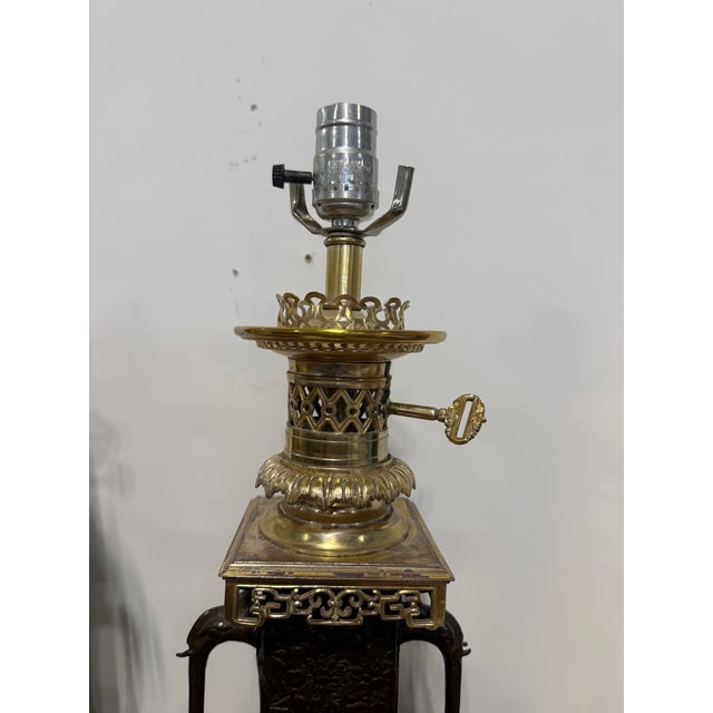 Pair, Aesthetic Movement Style East Asian Bronze Floral-Repoussé Table Lamps For Sale - Image 9 of 10