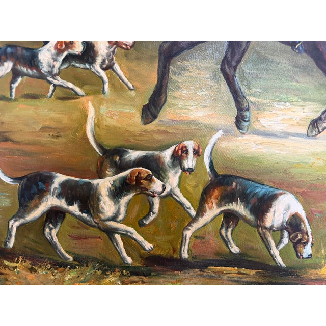 2010s Large Vintage Oil Painting English Fox Hunt Horses Hounds Hunting Scene Art For Sale - Image 5 of 8