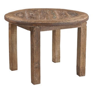 Round Teakwood Table Made From a Vintage Wheel and Reclaimed Wood For Sale