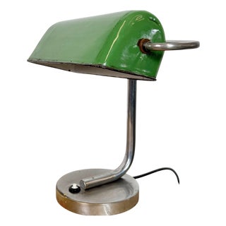 Vintage Green Enamel Banker Lamp, 1950s For Sale