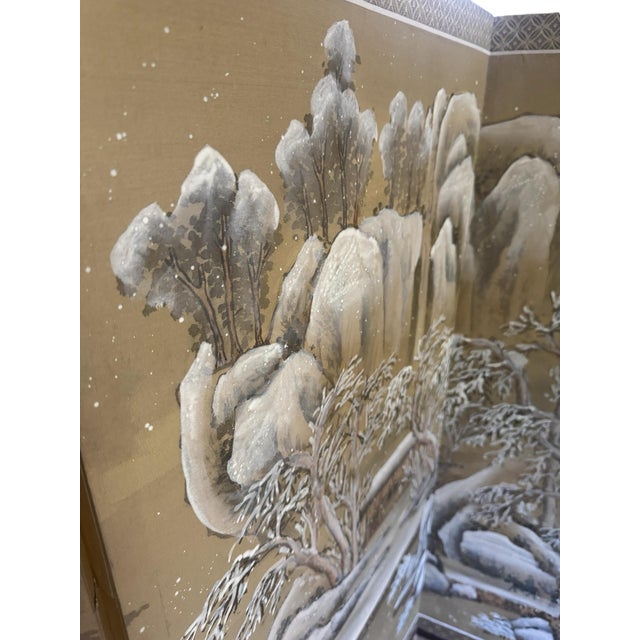 Vintage Hand Painted Asian 4-Panel Silk Screen Byobu For Sale - Image 9 of 10