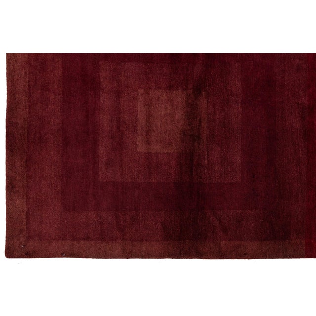 2010s Modern Geometric Hand-Knotted Tibetan Wool & Silk Rug in Ruby Red and Burgundy For Sale - Image 5 of 10