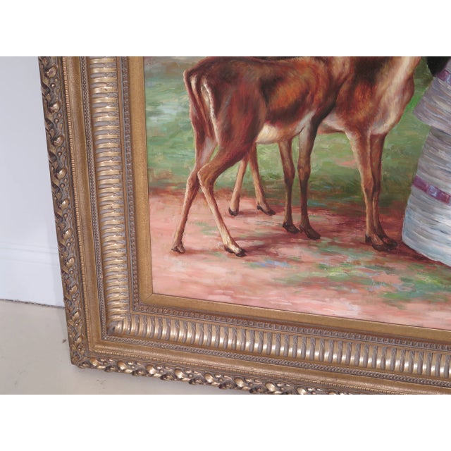 Traditional 1990s Vintage "Woman Feeding Deer" Framed Oil Painting on Canvas For Sale - Image 3 of 10