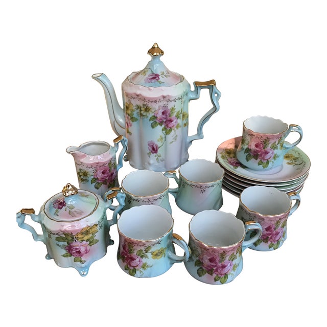Antique Hand Painted Chocolate & Tea Set for 6 / 17 Pieces/Reduced