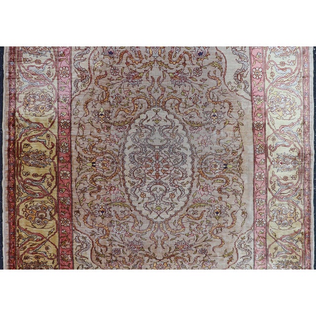 Antique Turkish Silk Hereke Rug With Floral Medallion Design and Ivory Field For Sale - Image 12 of 14