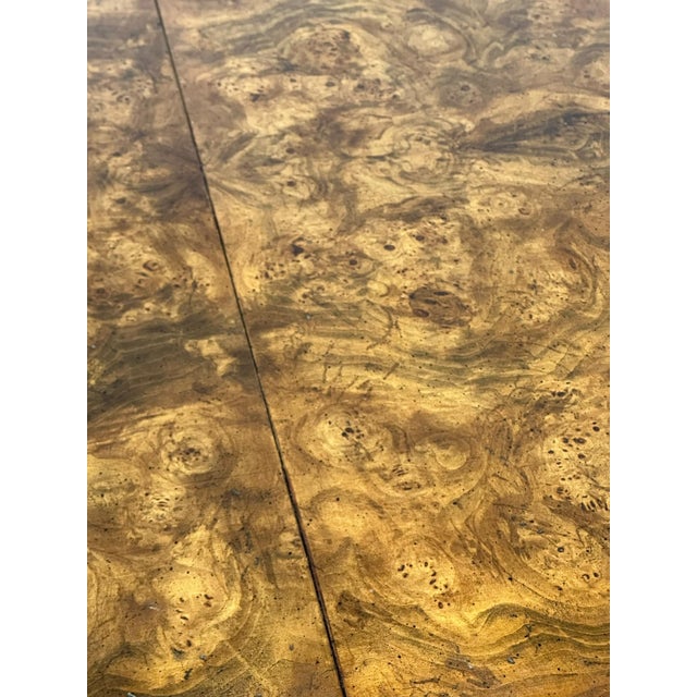 Mid 20th Century Impressive Regency Burled Fruitwood Pedestal Center Table With Gilded Dolphin Base For Sale - Image 13 of 14