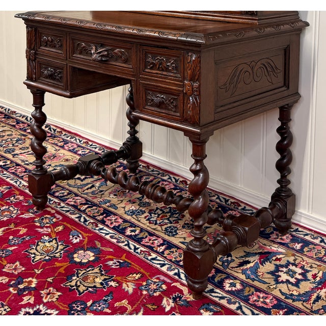 Antique French Petite Barley Twist Desk Carved Oak Renaissance Revival c.1890 For Sale In Dallas - Image 6 of 18