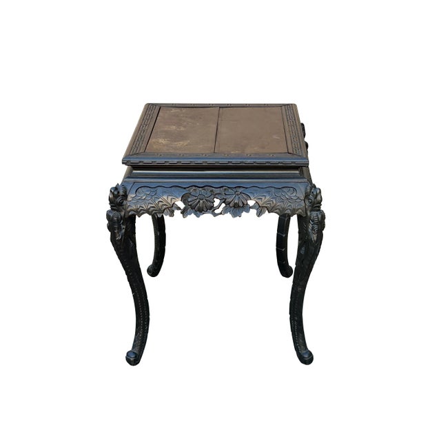 Chinese Vintage Chinese Black Relief Floral Carving Apron Claw Legs Side Console Table For Sale - Image 3 of 12