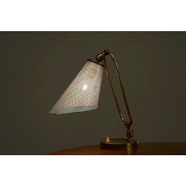 Mathieu Matégot Vintage French Table Lamp in Patinated Brass and Perforated Metal by Mathieu Matégot, 1950s For Sale - Image 4 of 14