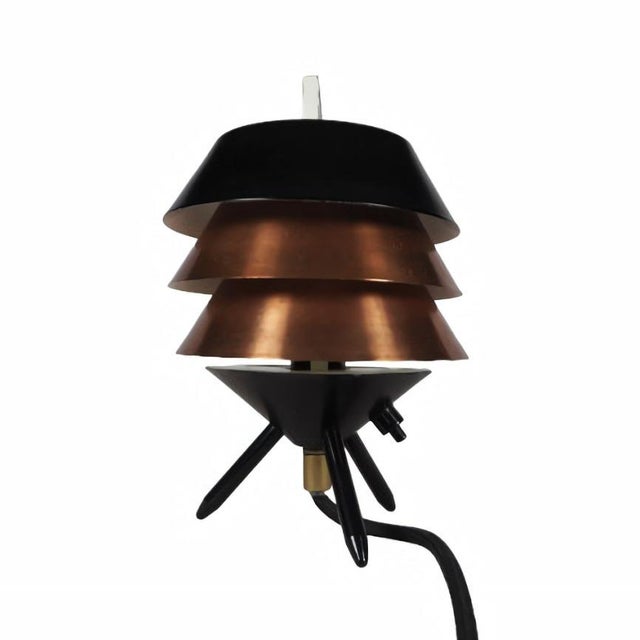 Scandinavian modern copper table lamp by høvik verk with layered shade and tripod base, norway, 1960s a beautifully...
