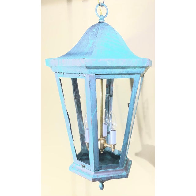 Large Vintage Solid Brass Hexagonal Lantern – Verdigris Patina For Sale - Image 4 of 13