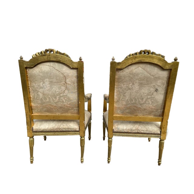 French 1970s Pair of Louis XVI–Style Giltwood Armchairs With 22k Gold Leaf For Sale - Image 3 of 14
