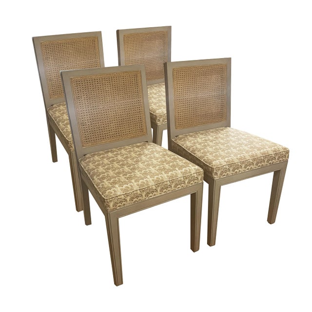 2010s French-Country Dining Chairs in Peter Fasono Linen Upholstery and Stained Caning For Sale - Image 5 of 6
