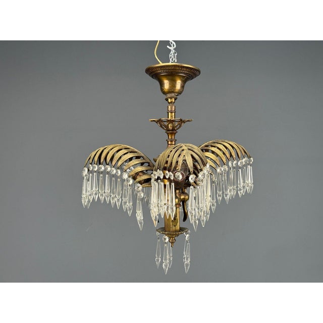 1940s Maison Jansen Style, Palm Leaf Chandelier, Gilt Bronze, Crystal, France, 1940s For Sale - Image 5 of 18