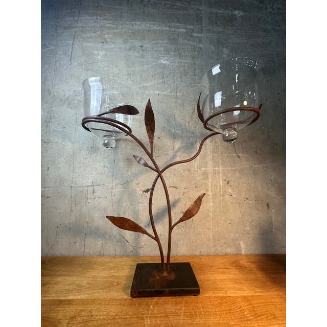 Late 20th Century Late 20th Century Jan Barboglio Forged Iron Candelabra 2-Arm Vine Leaves Glass Votives Signed 19" For Sale - Image 5 of 11