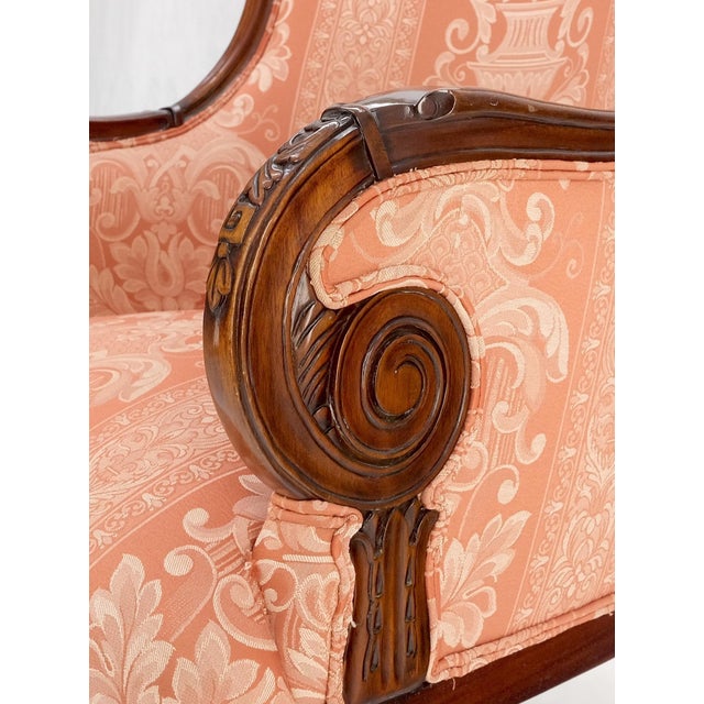 1940s Fine Carved Mahogany Cream Silk Like Upholstery Regency Fire Side Chairs - A Pair For Sale - Image 5 of 12