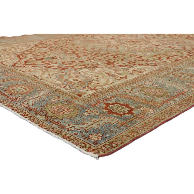 Distressed Antique Persian Heriz Design Rug with Rustic Style. This hand knotted wool distressed antique Persian Heriz...
