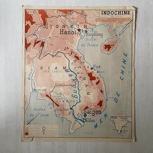 Vintage School Map of Indochina and Madagascar, 1950s For Sale - Image 8 of 8