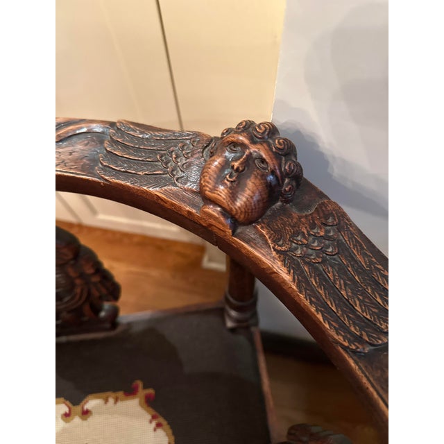 Victorian Antique Angel Carved 3-Corner Oak Chair With Needlepoint (Pair) For Sale - Image 3 of 7