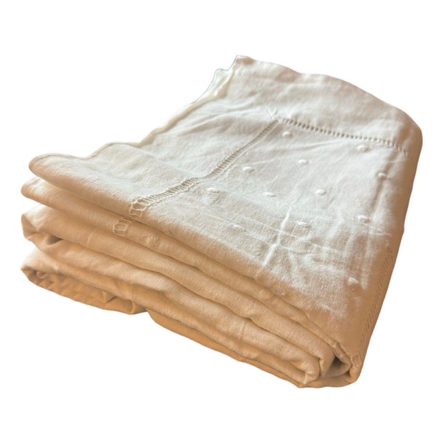 Antique French Trousseau Linen Sheet Embroidered Dots Ladder Work White Linen Bed Sheet Circa 1920 For Sale