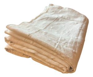 Antique French Trousseau Linen Sheet Embroidered Dots Ladder Work White Linen Bed Sheet Circa 1920