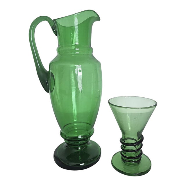 Vintage Hand-Blown Czech Bohemian Emerald Green Glass Pitcher & Matching Goblet For Sale