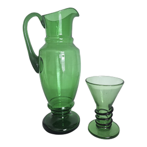 Vintage Hand-Blown Czech Bohemian Emerald Green Glass Pitcher & Matching Goblet