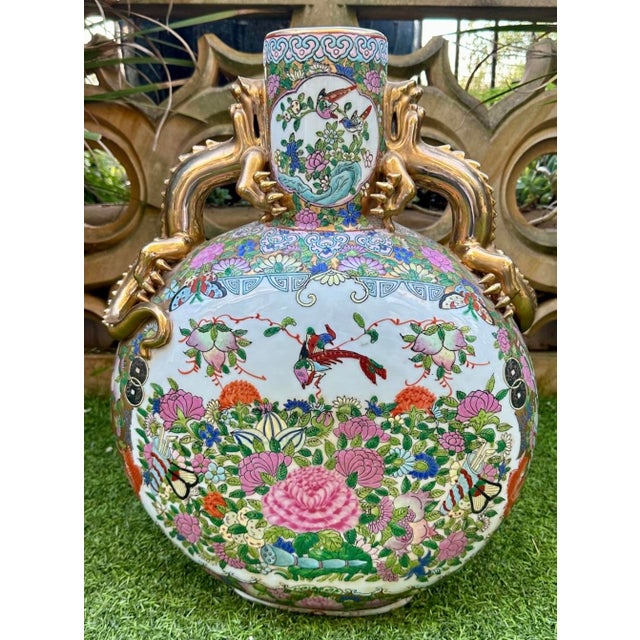 Antique X-Large Chinese Famille Rose Moon Flask Gold Dragon Handles Marked 19th Century For Sale In San Diego - Image 6 of 18