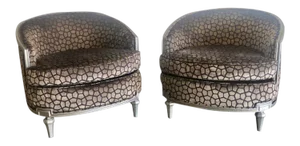 1940s Vintage Cut Velvet & Hand Painted Accent Chairs - a Pair
