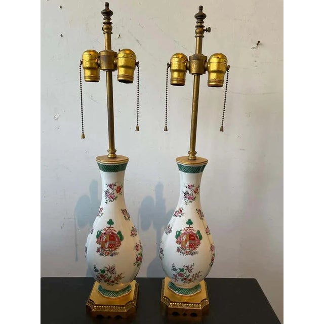 Ceramic 1940s Armorial Samson Porcelain Lamps on Gilt Bronze Bases - a Pair For Sale - Image 7 of 12