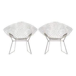 Mid Century Modern Silver Diamond Wire Lounge Chairs by Harry Bertoia for Knoll For Sale