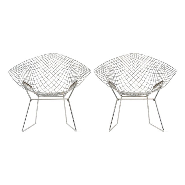 Mid Century Modern Silver Diamond Wire Lounge Chairs by Harry Bertoia for Knoll For Sale