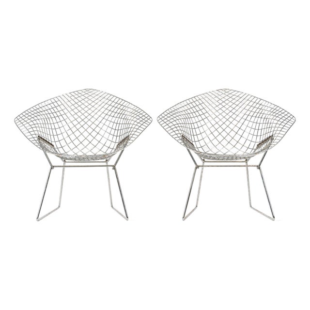Mid Century Silver Diamond Wire Lounge Chairs by Harry Bertoia for Knoll For Sale