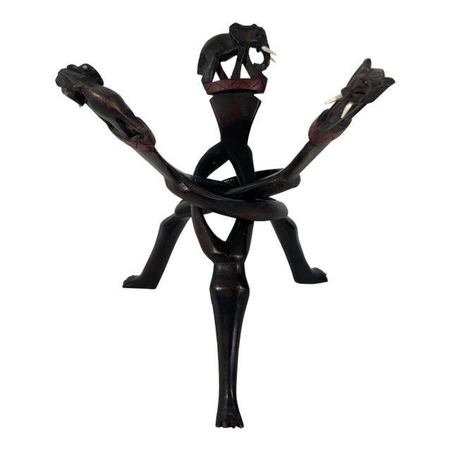 Folding Carved Dark Brown Wood Elephant Bowl Stand, Pedestal, Three Legs For Sale