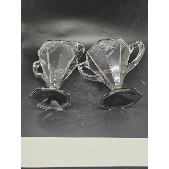 1940s Vintage Art Deco Glass Sugar & Creamer Floral Wheel Cut W/ Black Base Geometric For Sale - Image 5 of 5