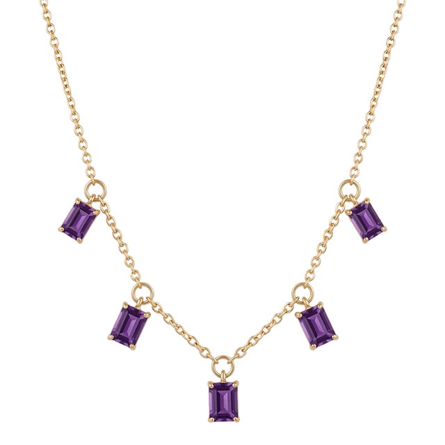 Dainty Amethyst Drop Necklace - Emerald Cut Purple Gemstone Necklace - Delicate Chain Link Necklace For Sale