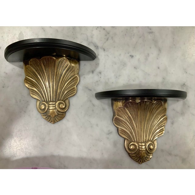 Bunny Williams Home Pair of Vintage Brass Clam Shell Sconces With Black Wood Shelves for Nautical, Palm Beach Regency & Grandmillennial Styles+ See Pics! For Sale - Image 4 of 11