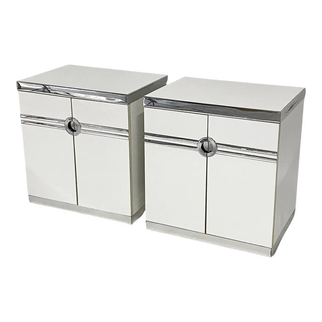 1970s / 1980s Postmodern Deco Twist Pierre Cardin Nightsatnds in White & Chrome - Pair For Sale