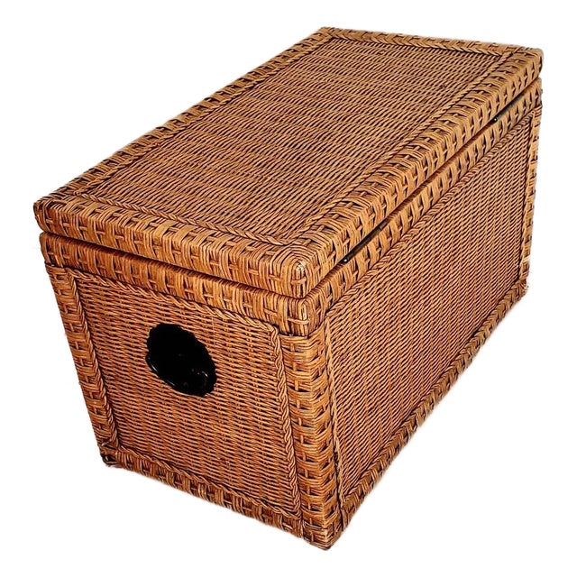 Sturdy Chest, Wood Interior W Rattan Exterior, Bronze Handles For Sale