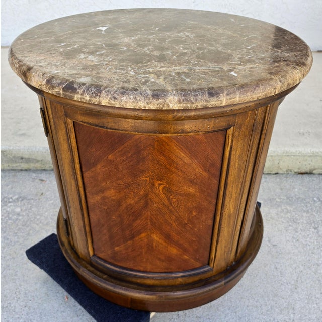 Vintage Round Brown Marble Top Drum Side End Center Table With Storage Cabinet For Sale - Image 9 of 13