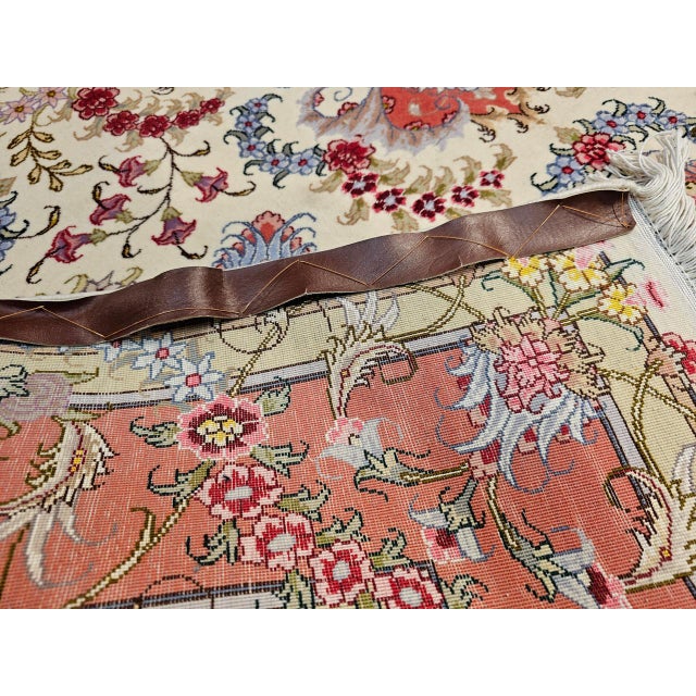 Vintage Persian Tabriz Area Rug, Hand-Knotted Wool & Silk, Floral Pattern, Ivory & Salmon, 5x7 For Sale - Image 16 of 16