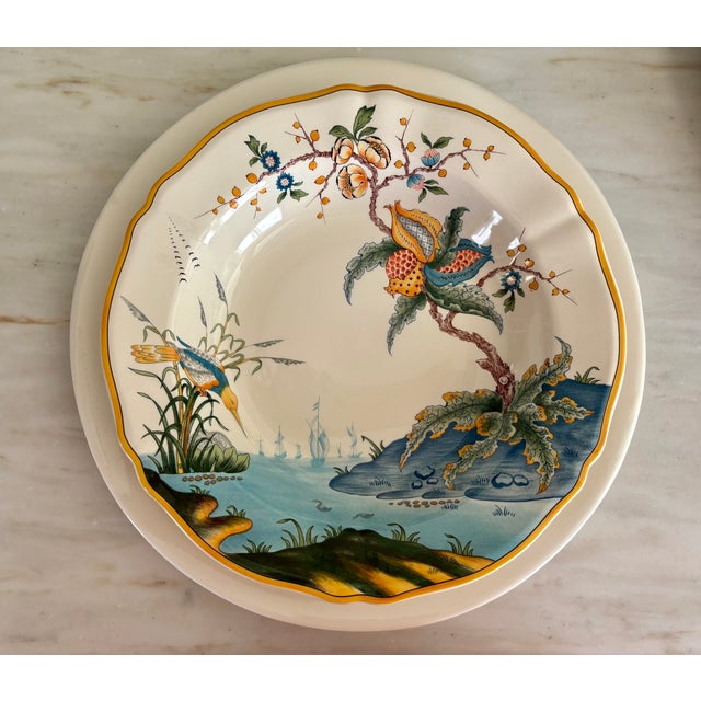 Vintage Chinoiserie Gien Faiencerie "Magellan" Rim Soup Plates- Set of 12 For Sale - Image 10 of 11