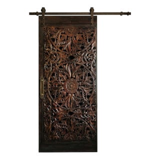 Vintage Carved Wood Lotus Lattice Barn Door – Ornate Room Divider & Wall Panel 92.5x40.5 For Sale