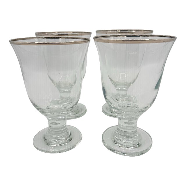 Vintage Silver-Rimmed Clear Glass Wine Goblets - Set of 4 For Sale